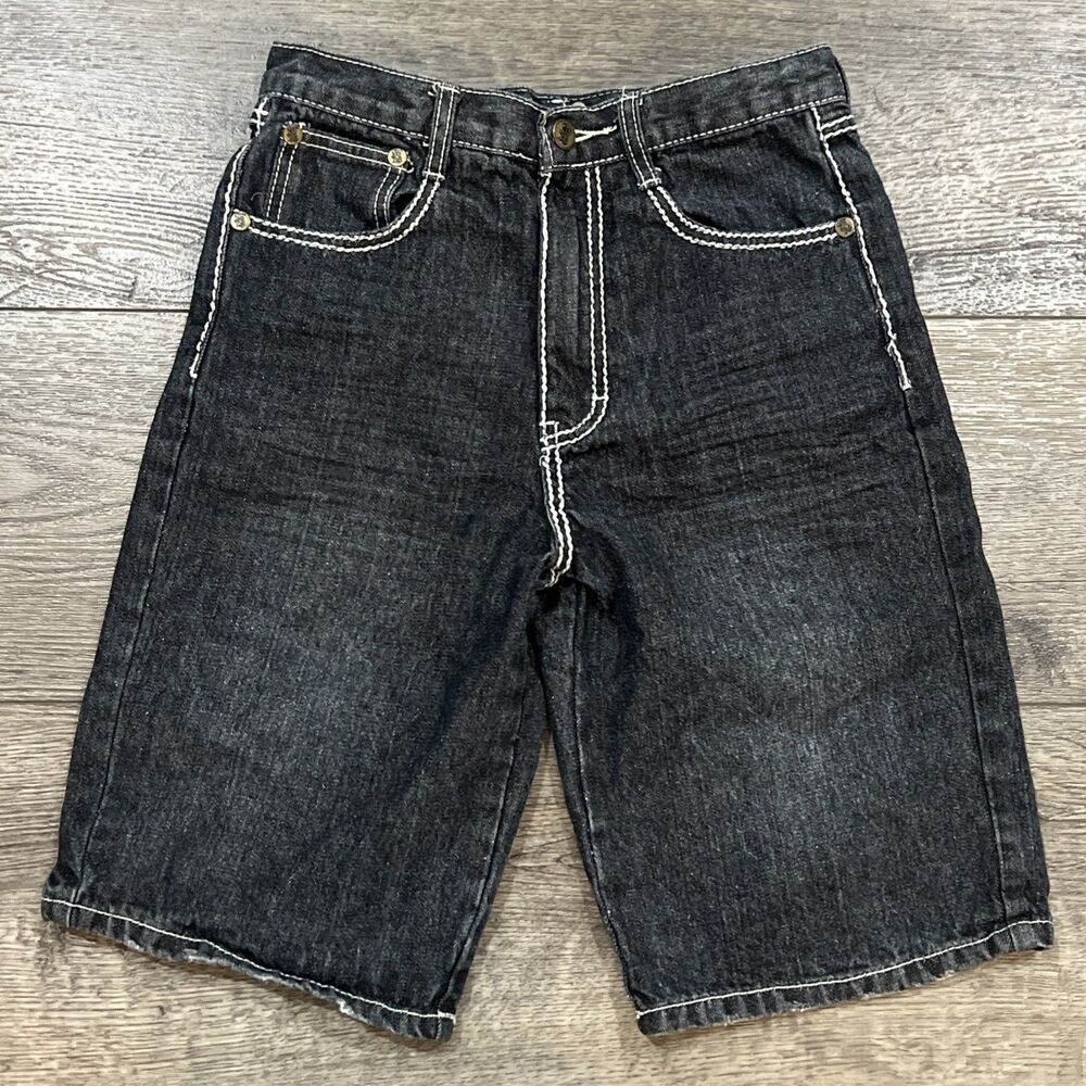 Y2K FUBU The Collection Denim Jorts Black Baggy Studded Shorts Boys 12 Women's 4